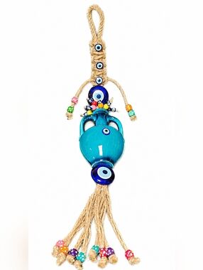 Hand-Crafted Turkish Ceramic Pitcher Evil Eye Glass Bead Wall Hanging Multicolor